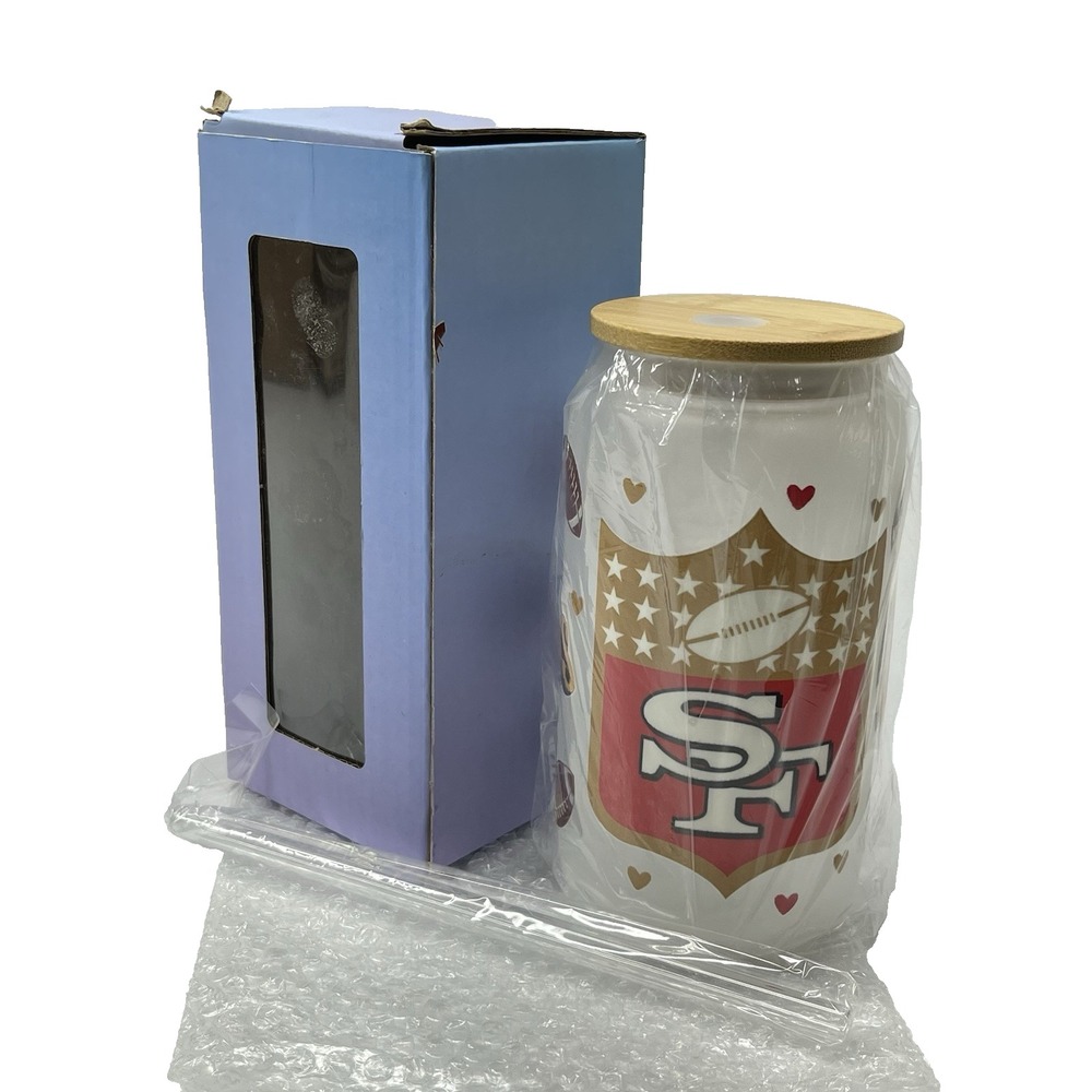 San Francisco 49ers 16oz‎ Transfer Stickers Frosted Glass Bamboo Lid Tumbler Cup